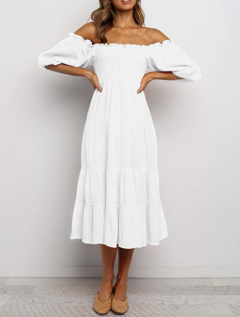 R.Vivimos Women's Summer Cotton Lantern Sleeves Ruffled Off Shoulder A-Line Midi Dresses (Large, White) - Image 5
